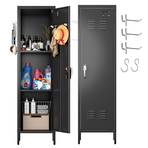 Image of Aobabo Metal Locker, 54 inch H Metal Storage Locker for Employees, Lockable 1 Door with Towel Rack and 2 Side Pegboards with Hooks for School Office Gym Home, Assembly Required (Black)