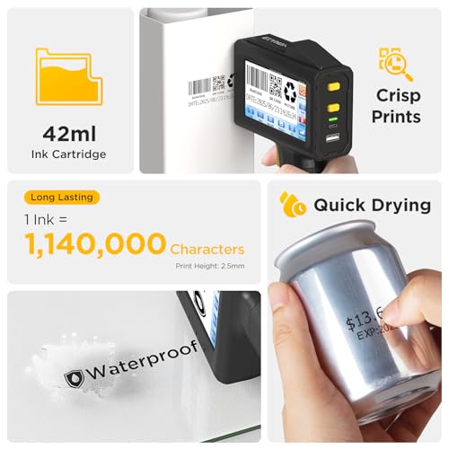Image of Handheld Inkjet Printer 0.5 Inches Print Height Weighs Only 390g for Batch Code Date Lot Number Print on Plastic Carton Wood Metal Glass Aluminum with 42ml Fast Dry Ink (Black)