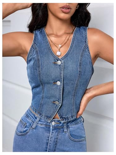 OYOANGLE Women's Denim Top Vests Sleeveless Button Down V Neck Jean Waistcoat Jacket2