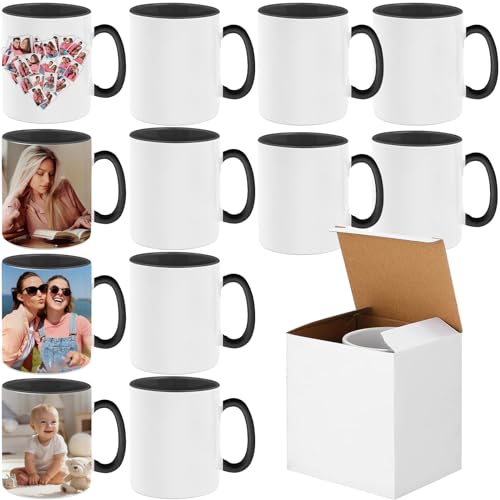 Sublimation Mugs, 12 Pack Premium Coffee Mugs, 11 Oz White Ceramic Photo Cups with Box, Christmas Coffee Mug for Cocoa, Tea, Milk, Latte, Hot Chocolate, Cappuccino, Soup - Black