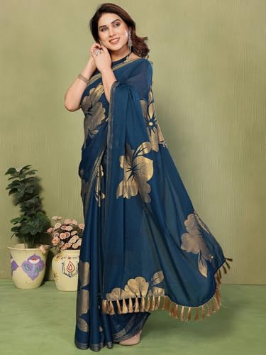 Image of Satrani Women's Shimmer Georgette Foil Printed Saree with Unstitched Blouse Piece
