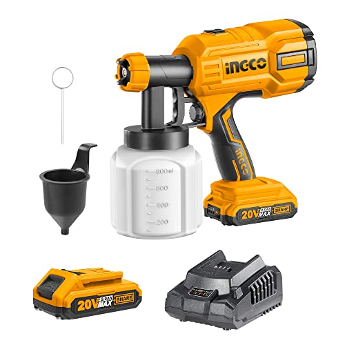 INGCO Pistolet à Peinture Lithium-ION sans Fil Pistolet électrique pour Les Murs, plafonds et clôtures 20V 800ML 40DIN-s,1*Batterie 20V 2.0Ah,1 Chargeur 1Hr,CSGLI20402