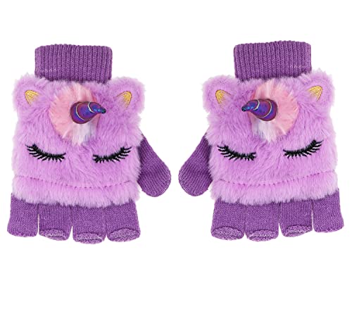 Kids Unicorn Flip Top Gloves with Mitten Cover Knitted Winter Fingerless Convertible Mittens for Boy Girls Toddler2