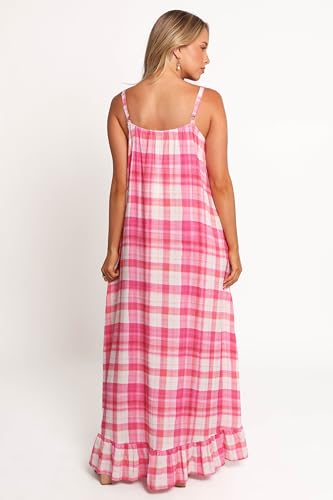 Image of LASPIA Spaghetti Strap Dresses for Women Plaid V Neck Maxi Sundress Beach Long Dress with Pockets