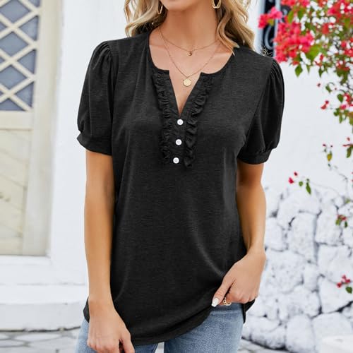 KOG Blitzangebote des Tages Damen T-Shirts Elegante Einfarbige Tshirts Elegant Kurzarm Shirt Teenager Oberteil Retro Grafik Top Rundhals Oversize Shirts Amazon Warehouse Deal Schwarz M - Bild 3