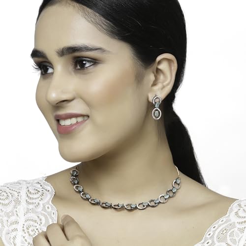 Image of ZENEME Rhodium-Plated American Diamond Studded Disc-Shaped Necklace With Earrings Jewellery Set For Girls and Women