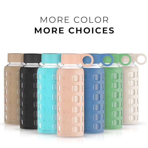 purifyou 40oz / 32oz / 22oz / 12oz Borosilicate Glass Water Bottle with Time & Volume Markers, Silicone Sleeve, Stainless Steel Lid | Reusable Glass Bottle for Water & Juice (12oz Hazelnut)