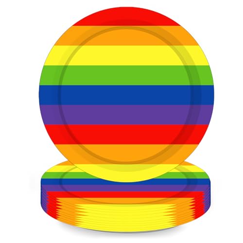 24 Pcs Rainbow Pride Disposable Paper Plates Gay Pride Day Party Supplies Colorful Stripes Decorative Tableware LGBT Paper Dessert Plates for Carnival Birthday Party Decorations Serve 24 Guests(7In)