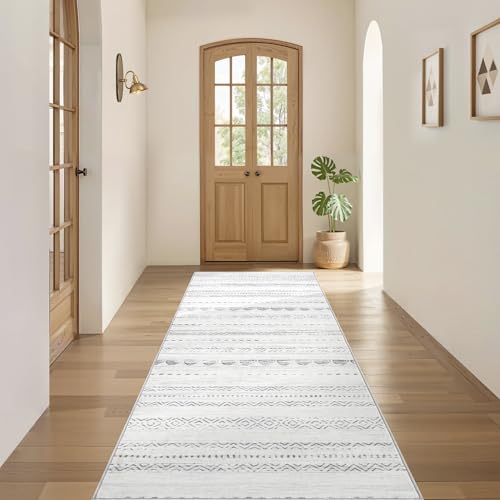 Nakagishi Runner Rug Kitchen Washable Rugs: 2x6 Non-Slip Boho Soft Modern Stain Resistant Indoor Floor Neutral Farmhouse Throw Carpet for Hallway Bathroom Laundry Room Entryway Bedroom- Gray