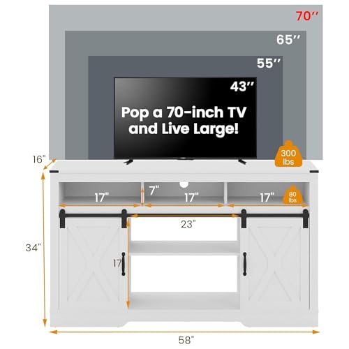 Image of RoyalCraft Farmhouse TV Stand for 23 inch Fireplace, 34'' Tall Entertainment Center for 65+ Inch TV, 34 inch Tall Rustic TV Console with Sliding Bar Door for Living Room, White