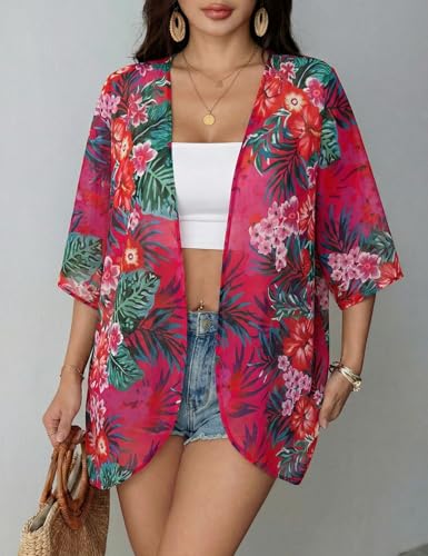 Image of Chunoy Women Summer Beachwear Open Front Tops Light Cardigan Short Sleeve Chiffon Floral Kimono Cover Up 3X-Large