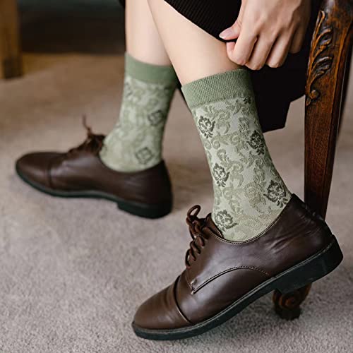 Image of DXYAKY 5 Pairs Womens Floral Cotton Socks Vintage Patterned Crew Socks Novelty Ankle Ruffled Warm Casual Dress Socks