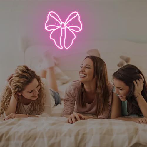Image of Pink Bow Neon Sign Bows Neon Lights for Bedroom Dimmable Coquette Ribbon Bow Birthday Decorations Pink Wall Art Bow Wall Decor Led Sign Gifts for Girls Party