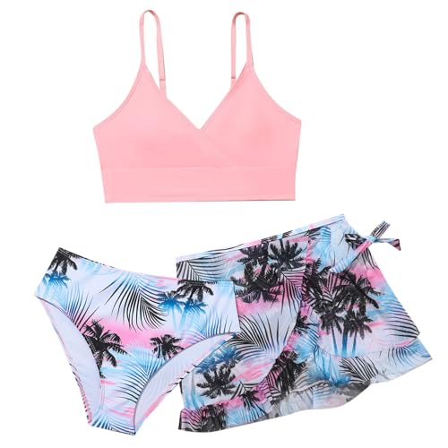 Maillot de bain à volants 3 pièces manches 3/4 élastique style bohème pour fillette