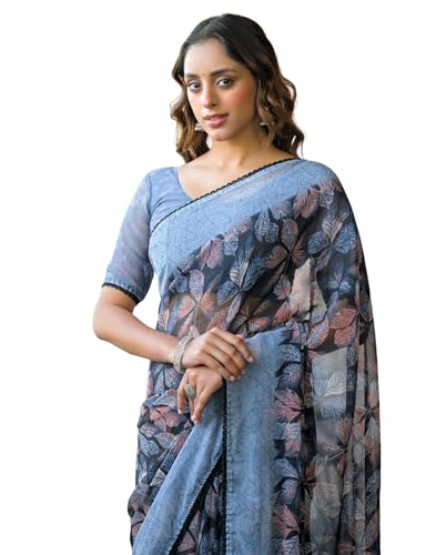 Image of SIRIL Women's Chiffon Printed Saree with Unstitched Blouse Piece