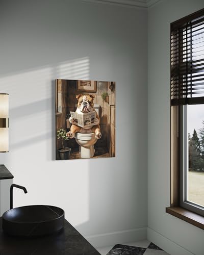 Image of Bulldog on Toilet Wall Art Print Canvas Wrapped, Dog Bathroom Humor Decor Posters Prints for Restroom Home Picture Painting Artwork Gallery 7 (Bulldog, 20 inchL x 16 inchW CANVAS, Wrapped Canvas)