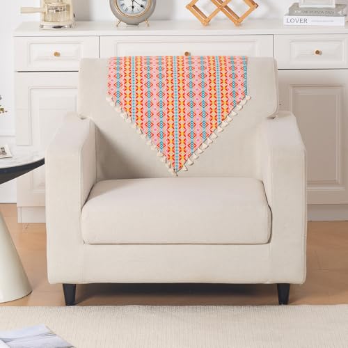 Image of HOKIPO Sofa Backrest Cover with Tassel | 300 GSM Thick Cotton Acrylic Jacquard Fabric Backrest Mat, Size 55x70 cm,'Trivana Series' Coral Orange (IN-932-J2)