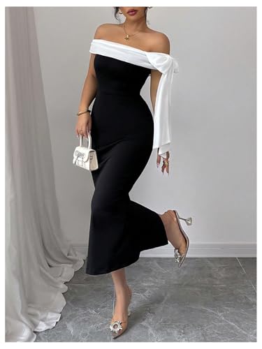 GORGLITTER Women's Bow Off The Shoulder Bodycon Maxi Dress Elegant Summer Prom Graduation Cocktail Party Long Dresses3