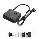 Mini Power Strip with 3 USB Ports 2 Outlets 3.3 ft Power Cord with Universal Adapter Set for Travel and Home - Black