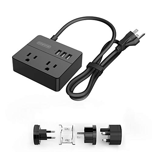 USB Power Strip - NTONPOWER Portable Charging Station No Surge Protection 2 Outlets 3 USB Ports with International Universal Adapter Set for European Countries - Black