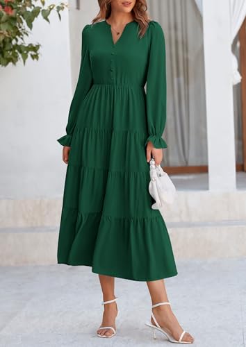PRETTYGARDEN Long Sleeve Dress for Women 2025 Fall V Neck Tiered Aline Spring Elegant Modest Flowy Wedding Guest Maxi Dresses
