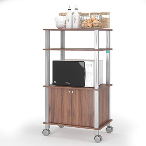 GIANTEX Carro con Ruedas de Microondas, Postre de Cocina de Microondas con 4 Ruedas y 2 Frenos, Estante de Almacenamiento de 3 Niveles y Armario Puertas, 60 x 40 x 98 cm (Café)