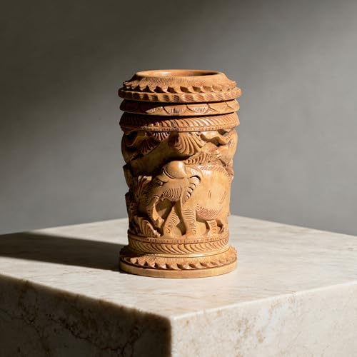 Image of Craft Trade 13x8 Cm Wooden Hand Carved Pen Stand Pencil Holder - Brown Elephant