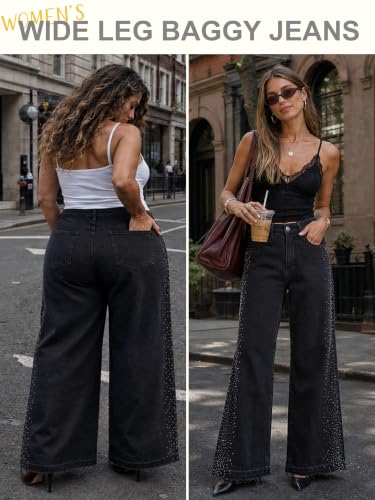 EMMIOL Rhinestone Baggy Jeans Women Tall High Waist Wide Leg Jean Black S - image 8