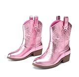DREAM PAIRS Girls Cowgirl Boots Cowboy Boots with Low Heel Western Embroidered Fashion Mid Calf Shoes for Toddler/Little Kid/Big Kid,Size 13 Little Kid,Pink,KKUMMB2509
