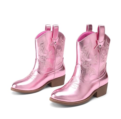 DREAM PAIRS Girls Cowgirl Boots Cowboy Boots with Low Heel Western Embroidered Fashion Mid Calf Shoes for Toddler/Little Kid/Big Kid,Size 13 Little Kid,Pink,KKUMMB2509
