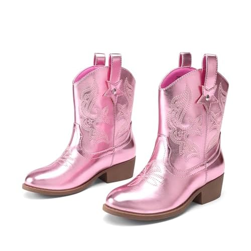DREAM PAIRS Girls Cowgirl Boots Cowboy Boots with Low Heel Western Embroidered Fashion Mid Calf Shoes for Toddler/Little Kid/Big Kid 12 Little Kid Pink