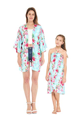 Matchable Hawaiian Luau Mother Daughter Women Kimono Dress or Girl Halter Dress in Pink Turquoise Hibiscus Vine