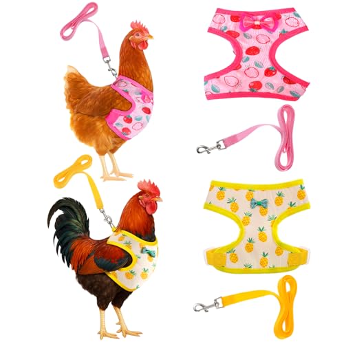 2 Pcs Adjustable Chicken Harness and Leash Set, Comfortable Chicken Vest Elastic Hen Vest with Strawberry Pineapple Print for Small Pets Duck Goose Hen Training Walking Supplies