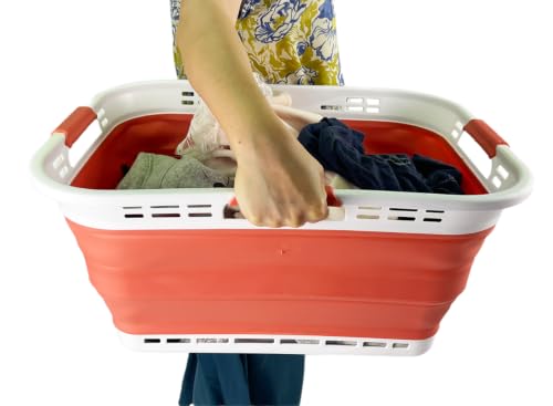 Image of SAMMART Set of 2 Collapsible Plastic Storage Basket - Foldable Pop Up Storage Container - Portable Laundry Organizer - Space Saving Hamper (White /Blush Red, 42L (Style A))