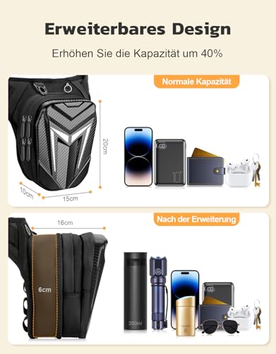 Mohard Beintasche Motorrad, wasserdichte Oberschenkeltasche Gürteltasche, Robuste Eva Motorrad Tasche Bein, Erweiterbare Aufbewahrung Tankrucksack, Sport-Schultertaschen für Radeln, Wandern, Klettern