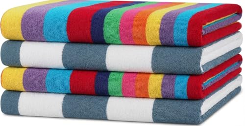 Sweet Needle Toallas de Playa para Adultos (Paquete de 4) - Verde Cristal Marino y Miami Vibe Cabana a Rayas clásicas - Toalla de Piscina 100% algodón Hilado en Anillo