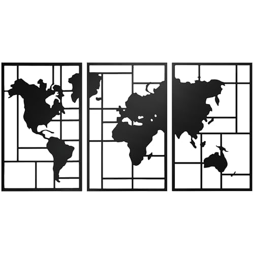 HOMCOM Decoración de Metal para Pared de Mapa Mundial, Juego de 3 Piezas, Adornos de Pared Metálicos, para Salón, Dormitorio, Pasillo, Negro