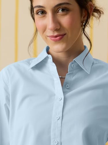 Image of The Souled Store Classic Solids: Baby Blue Women and Girls Full Length Collared Light Blue Solid 100% Cotton Regular Fit Breathable Lightweight Comfortable All-Season Everyday Shirt