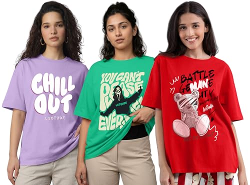 Image of LEOTUDE Half Sleeve Cottonblend Oversized Tshirt for Women, Round Neck Longline Printed Raglan Sleeve Colourblocked Drop Shoulder Baggie T-Shirt Top for Woman (Color Pink)