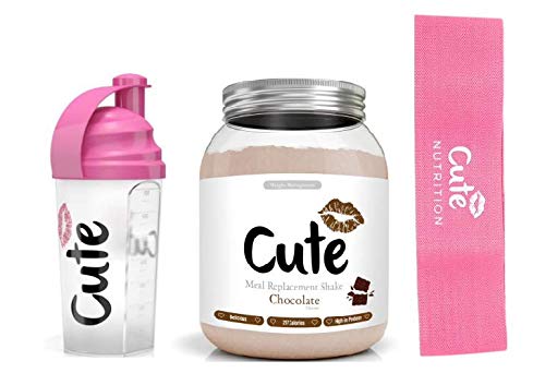Cute Nutrition batido substituto de alimentos com baixo teor de gordura com coqueteleira rosa e faixa de resistência para perda de peso em mulheres