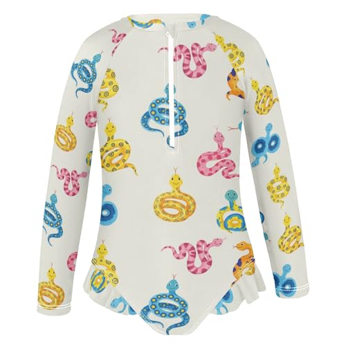 Colorful Snakes on Cream Girls Rash Guard Swimsuits Long Sleeve One Pieces Bathing Suit UPF 50+ Zipper Swimwear2