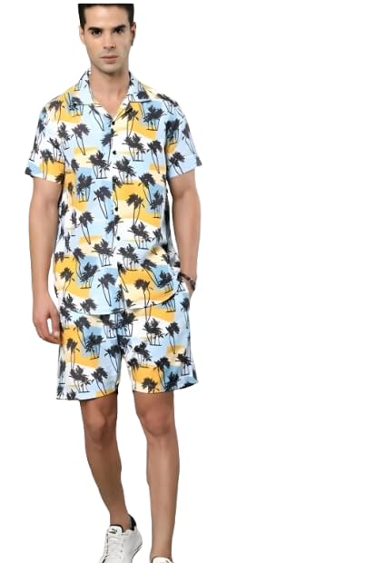 MACMARK Enterprise Men’s Printed Co-Ord Set | Plus Size Casual Shirt & Shorts Set | Nightwear Pajama Suit, Loungewear, Beachwear & Vacation Outfit Design No NS Yellow Coconut-picture-37