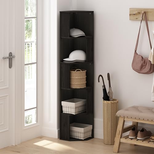 Image of Furinno ECON Corner Shelf, 5-Tier Corner Book Shelf, Standing Storage Shelves, Cube Display Rack, Bookshelf, for Organization and Storage, Living Room, Home Office, Espresso