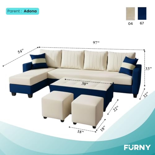 Image of FURNY Avenue 8 Seater Fabric LHS L Shape Sofa Set with 1 Centre Table & 2 Puffy (Cream-Dark Blue) Premium Velvet Finish