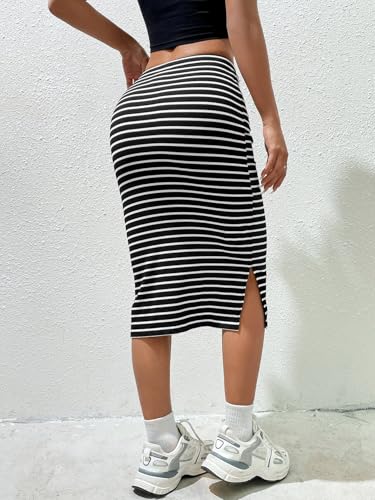 EARKOHA 2025 Skirts for Women High Stretch & Cool-Fabric Solid Split Side Drawstring Waist Skirt Black and White M2