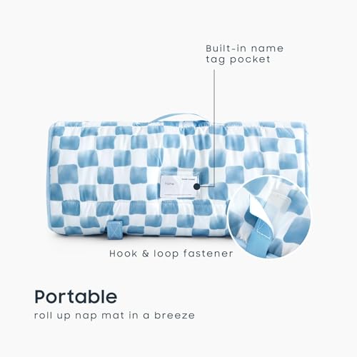 Image of Wake In Cloud - Toddler Nap Mat with Pillow and Minky Fleece Blanket, for Kids Boys Girls Ages 3 Plus in Daycare Preschool, Roll Up Sleeping Bag, Gingham Grid Checkered, Blue White, Standard
