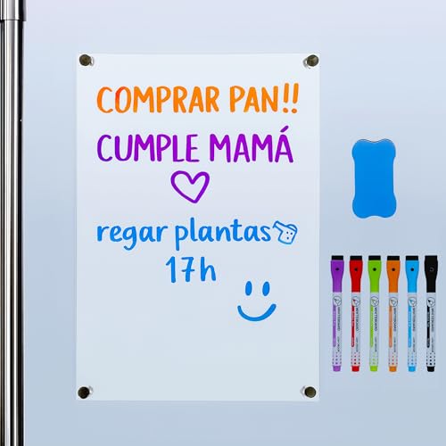 Pizarra Magnética Nevera Acrílica Transparente - Pizarra Nevera con 6 Bolígrafos - Planificador Semanal y Mensual - Organizador Magnético para Notas y Recordatorios