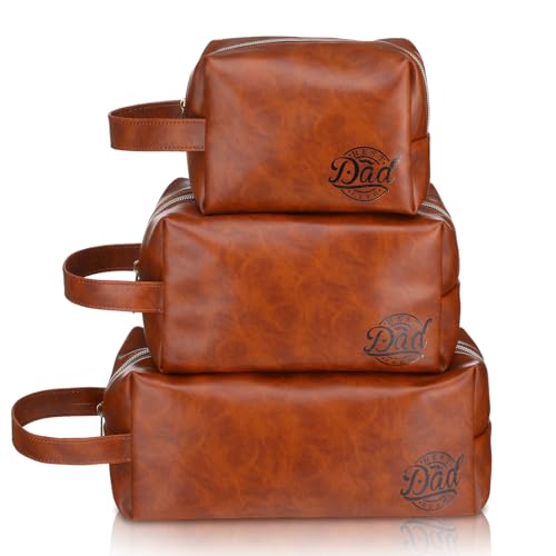 Abbylike 3 Pcs Dad's Leather Travel Toiletry Bag Father's Day Best Dad PU Leather Travel Essential Makeup Organizer Pouch Bag Man's Toiletries Organizer Case For Father's Day and Birthday Gifts