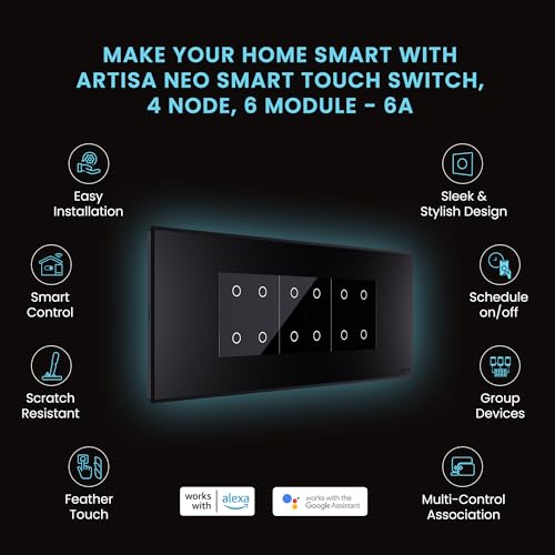 Image of Wipro North West Wipro Artisa Neo Wi-Fi Smart Touch Switch 4N | Combo of 6M Plate(Galaxy Black) + 3x4N Touch Switches(6A, Black) | Works with App, Alexa, Google Asst | Pack of 1