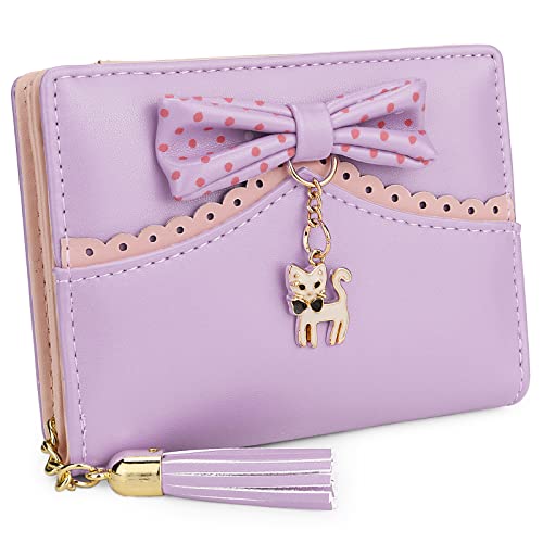 Uromee Girls Wallet Cute Cat Pendant Small Women Purse Bifold Vegan Leather Zipper Coin Pocket